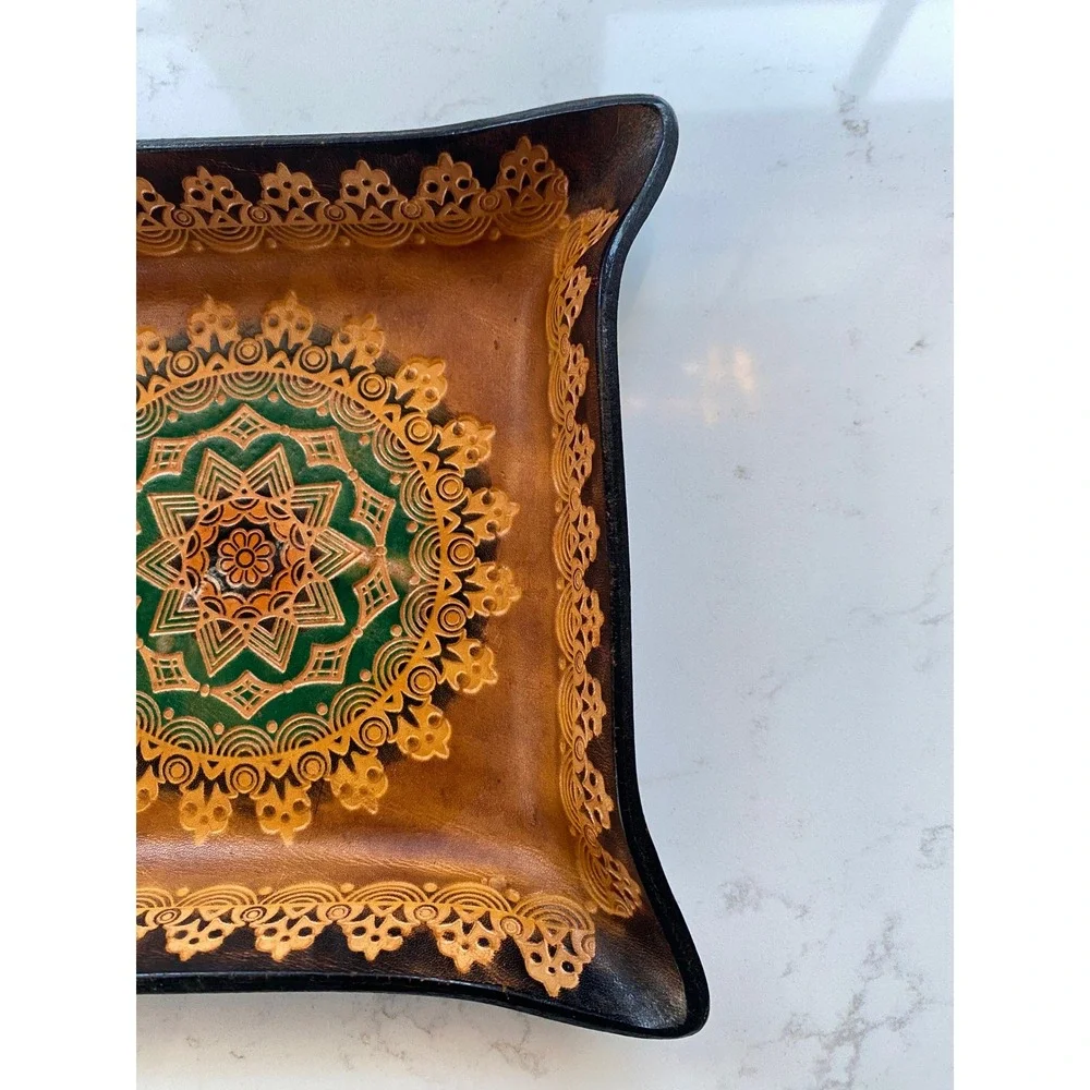 Hand Tooled Leather Vintage Trinket Dish Mandala Green Gold Decorative Catch All